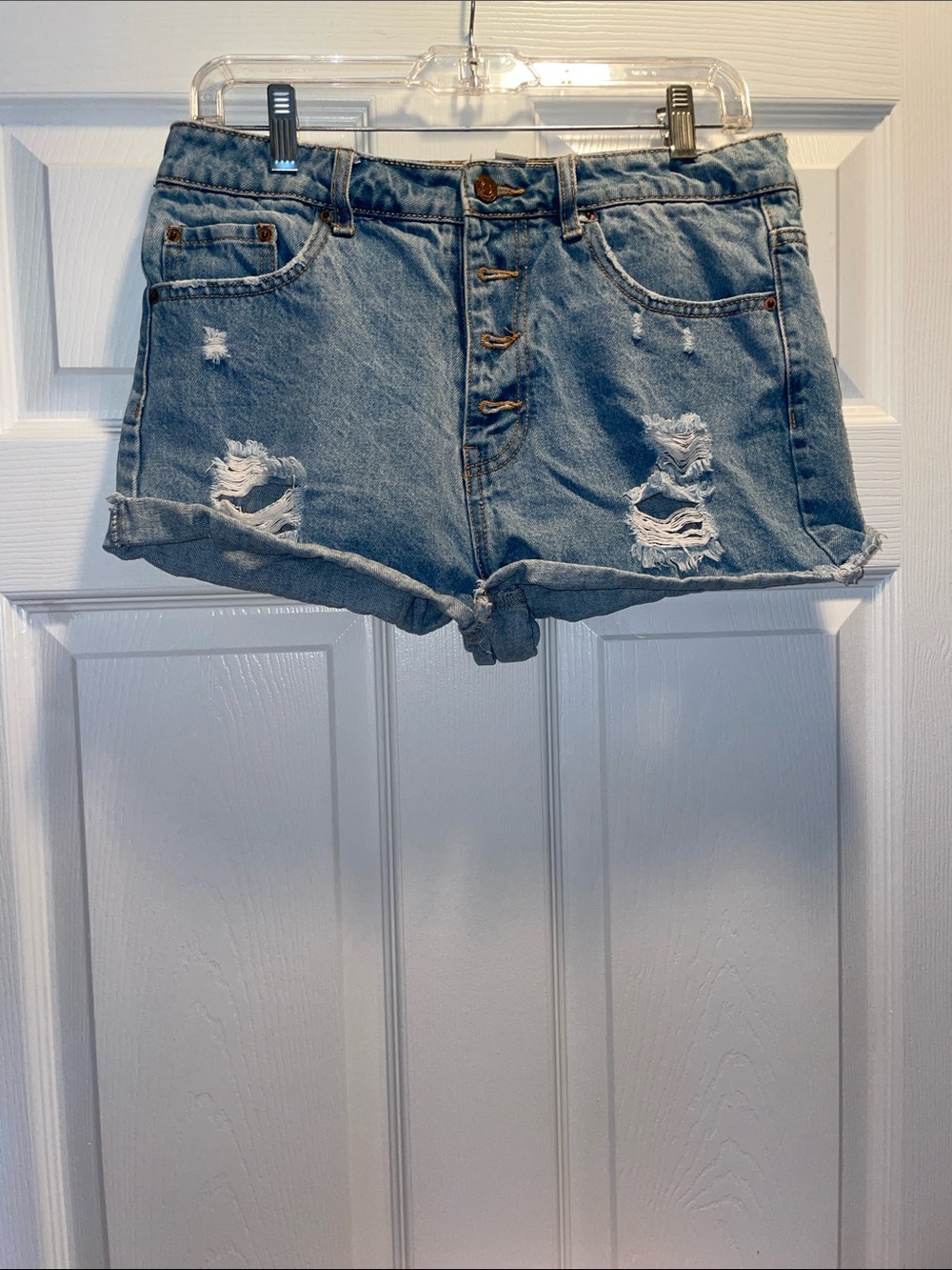 Forever 21 Light Blue Distressed Button-Front Denim Shorts